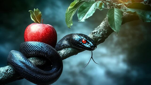 In a captivating and mystical forest setting, a mysterious snake is entwined around a forbidden apple