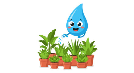 Cheerful Cartoon Water Drop Watering Potted Plants.