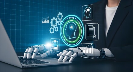 Robot hands typing on laptop with AI and data analytics interface artificial intelligence Modern and digital technology