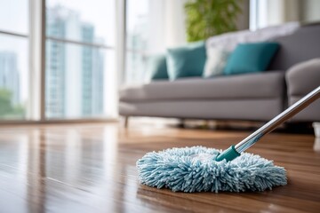 Shiny wooden floor being cleaned with blue microfiber duster in modern bright living room interior with sofa and large windows reflecting sunlight