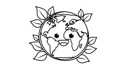 Cartoon Earth with Smiling Face Surrounded by Leaves Black and White Outline.