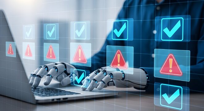 Robot hands typing on laptop with digital interface of checkmarks and warning signs Modern and digital technology