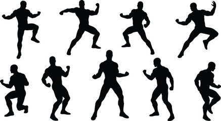 Muscular, silhouette, male, action, pose, fighting, strength, dynamic, black, athlete, motion, combat, power, stance, illustration