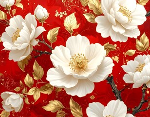 Floral art, white blossoms on red