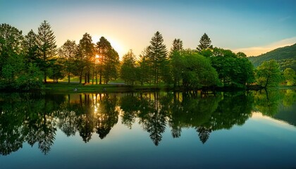 Fototapeta premium Green Trees Reflected In Calm Water While Lit From Behind During Sunset