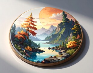 Round framed autumn landscape painting