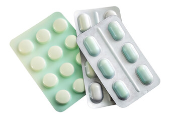 Round and oval pills in blister packs isolated on a transparent background
