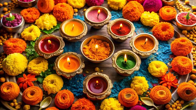 Vibrant overhead shot of colorful diwali diyas and marigold flowers arranged in a circular pattern on a blue textured mat, symbolizing festival of lights - Powered by Adobe