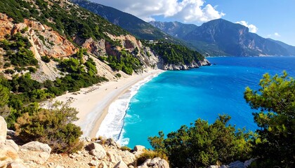 Obraz premium A breathtaking vista of a pristine, white-sand beach fringed by lush greenery, vibrant turquoise water, and towering cliffs under a clear blue sky.