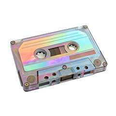 Retro cassette tape with holographic design isolated on black background for nostalgic music lovers