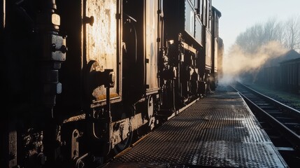 Classic railway engine compartment with morning mist revealing detailed mechanical components and operator walkway platform
