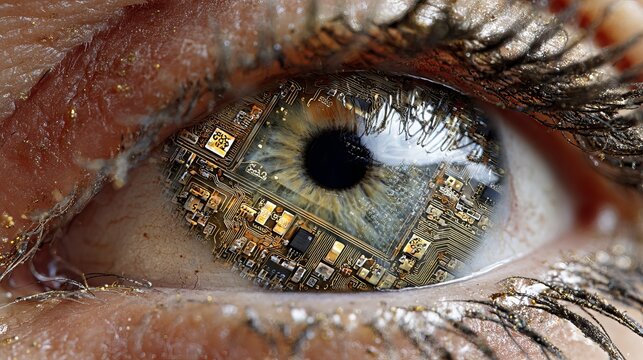 Stunning close-up of human eye merged with intricate futuristic circuit board technology
