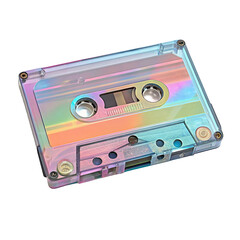 Colorful vintage cassette tape with holographic design on black background for retro music lovers