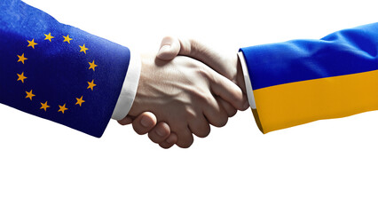 Handshake between European Union and Ukraine symbolizing diplomacy, partnership, political relations, solidarity, and international cooperation.
