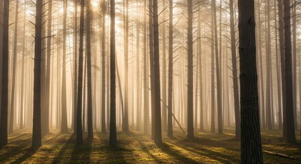 Sunlight through trees in forest, casting shadows across ground. Forest setting, with sunlight filtering down, creating peaceful and serene atmosphere, dense trunks, forest, and natural beauty.