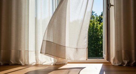 Open window with blowing curtains lets fresh air inside on bright day. Open window to nature is about feeling optimistic at home. Fresh air flowing through open window, evokes calmness, peace,