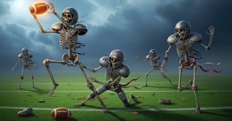 Skeletons play American football on a bright green field, illuminated by a mysterious light. The photograph depicts skeletal figures in dynamic action.