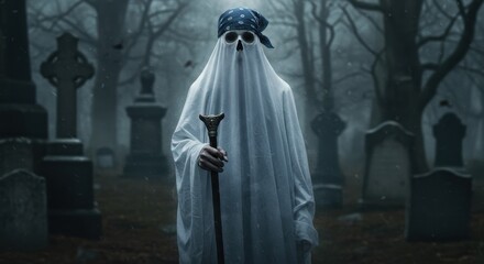 Naklejka premium Ghost costume party for Halloween featuring spooky white ghost costume wandering around in cemetery. Ghost costume party for creative minds, includes an ethereal white phantom,