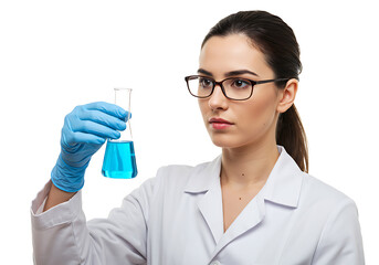 Scientist in lab coat examining chemical solution in beaker, scientific research concept