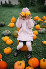 Girl holding pumpkins while sitting on a stool surrounded by colorful pumpkins in a garden