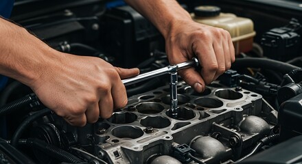 Car Engine Repair: Mechanic Tightening Cylinder Head Bolts