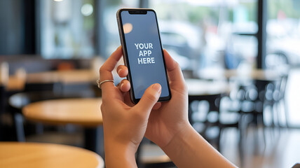 Hands Holding Smartphone with App Mockup in Cafe