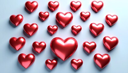 Red hearts arranged on light blue background