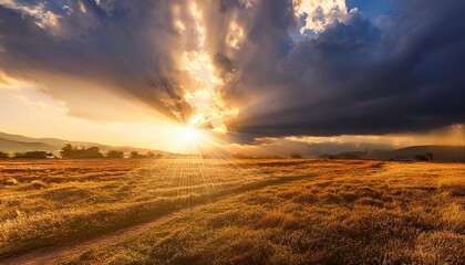 Breaking Through Sun Rays Defeating Storm Clouds In A Dramatic Golden Light