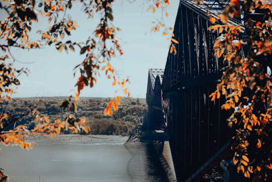 Beautiful autumn view of the river and bridge in Quebec City, Canada