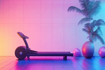 Brightly lit gym space with workout equipment and colorful decor in a modern fitness setting during the evening
