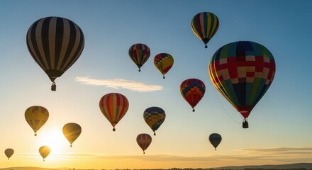 Naklejka premium Colorful hot air balloons fill clear blue sky at dawn, creating amazing scenery for spectators. Hot air balloons are rising high, their vibrant colors contrasting beautifully against morning sky.