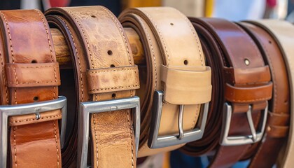 Close-up view of various leather belts, showcasing different shades of brown and beige, hung on wooden display stands.