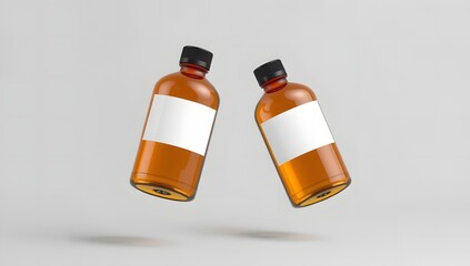 Two levitating amber glass bottles with blank white labels for a product mockup. Versatile template for cosmetic, oil, or medicine packaging