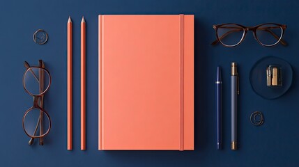 Coral notebook with stationery on blue