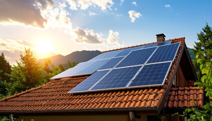 Solar panels on a terracotta-tiled roof at sunset (1)