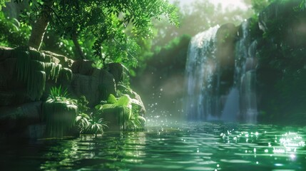 Lush Green Forest Waterfall Scene with Flowing Water and Sunlight in Natural Setting