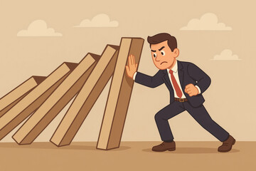 Cartoon illustration of determined businessman stopping falling domino effect. Concept of leadership, crisis management, resilience and problem solving
