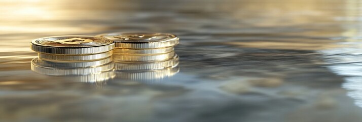 Coins resting on a reflective surface, capturing the golden sheen as they rest gently in water, creating a serene and calming visual