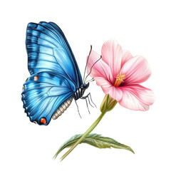 Blue butterfly perched gently on a delicate pink flower, Blue butterfly atop a delicate pink flower, capturing a tranquil scene of nature's intricate beauty, isolated on transparent background
