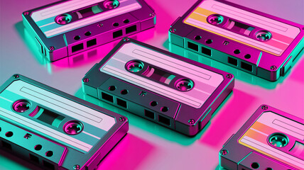 Retro-styled composition featuring scattered colorful cassette tapes on a shiny chrome surface with neon pink and blue lighting, evoking 90s nostalgia and vintage tech vibes