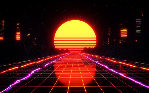 Vibrant Neon Sunset with Futuristic Cityscape in Retro Style