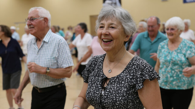 Active seniors enjoying dance class in vibrant community center with smiles and energy, showcasing social interaction and physical activity for wellness in group setting.