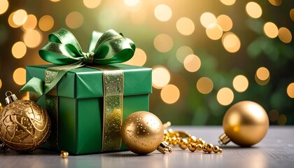 Green gift box with gold ornaments on a table