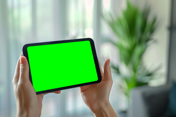Young woman holding digital tablet standing against vibrant green background