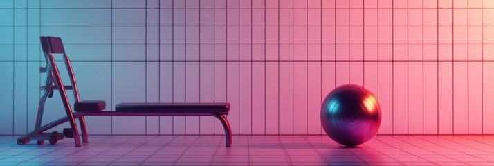 Modern gym setup featuring a workout bench and exercise ball in a colorful ambient light, creating a vibrant atmosphere for fitness activities