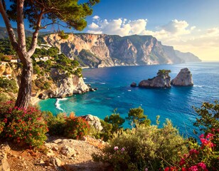 Fototapeta premium A breathtaking coastal scene showcases a picturesque cove nestled within dramatic cliffs, bathed in the warm sunlight of a beautiful day.