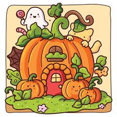Cute Halloween Pumpkin House Illustration with Ghost and Cat, Hand-drawn kawaii Halloween illustration featuring a cozy pumpkin house, smiling pumpkins, a ghost holding a lollipop, vector art, 