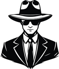 Spy Silhouette Vector – Black & White Illustration of Secret Agent in Hat, Suit, and Sunglasses for Noir Themes