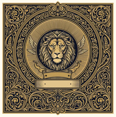 Detailed lion head illustration inside ornate decorative frame, vintage engraving style, majestic and powerful royal animal symbol.