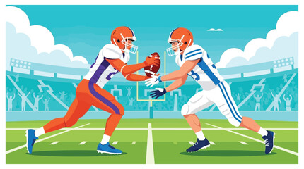 American football players run face each other fighting over the ball on the field. vector illustration © bow